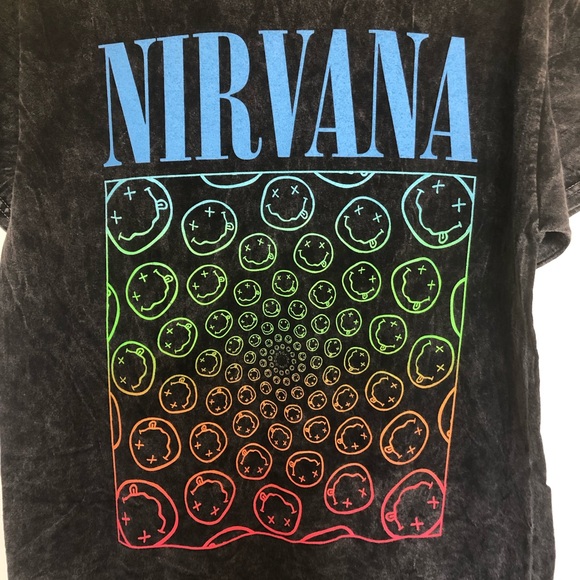 Nirvana Rainbow Smiley Face Black Mineral Wash Tee Graphic T shirt - Picture 3 of 6